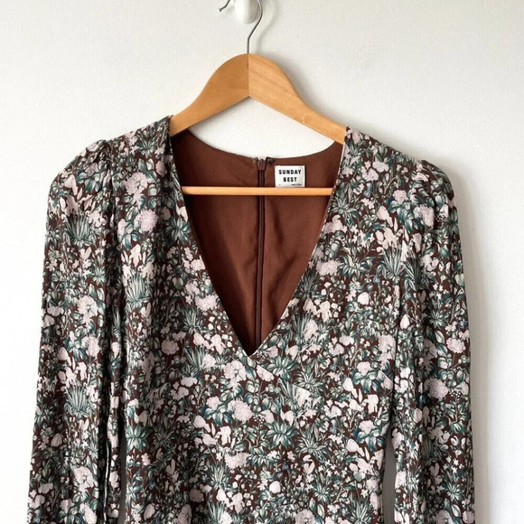 Aritzia Sunday Best Grayson Long Sleeve Mini Dress Brown Floral Size 4 - Picture 4 of 9